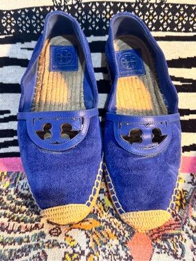 Tory Burch Royal Blue Suede Espadrille Flats with Logo Cutout size 7.5
